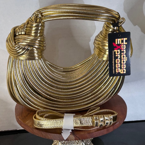 Gold Faux Leather Double Knot Luxury Handbag, Dressy Evening Handbag - Picture 2 of 6